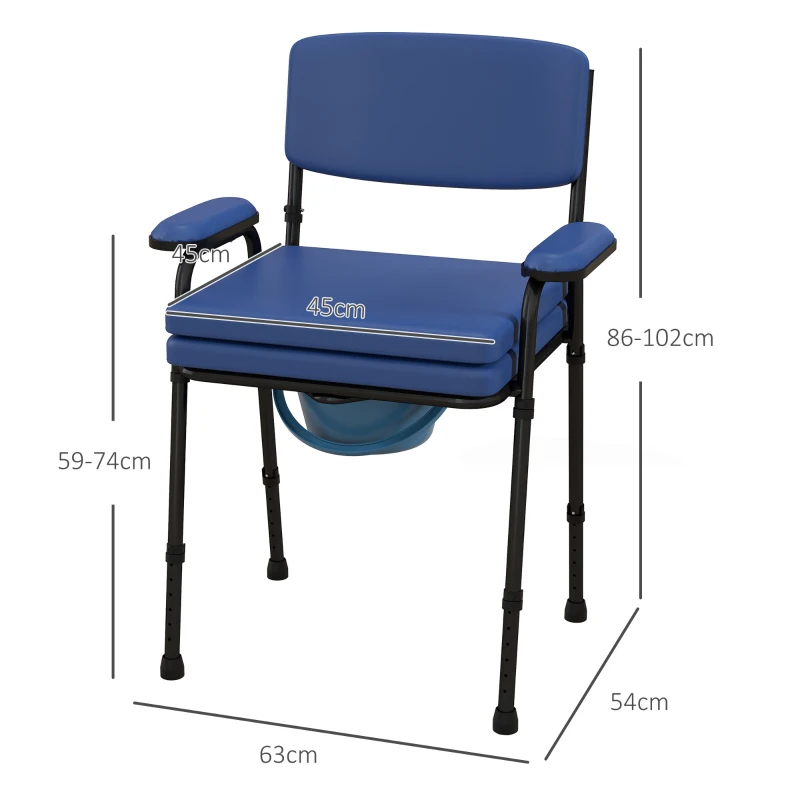 HOMCOM Chaise percée toilette multifonctions seau amovible hauteur réglable avec dossier siège et accoudoirs rembourrés bleu(m-3)