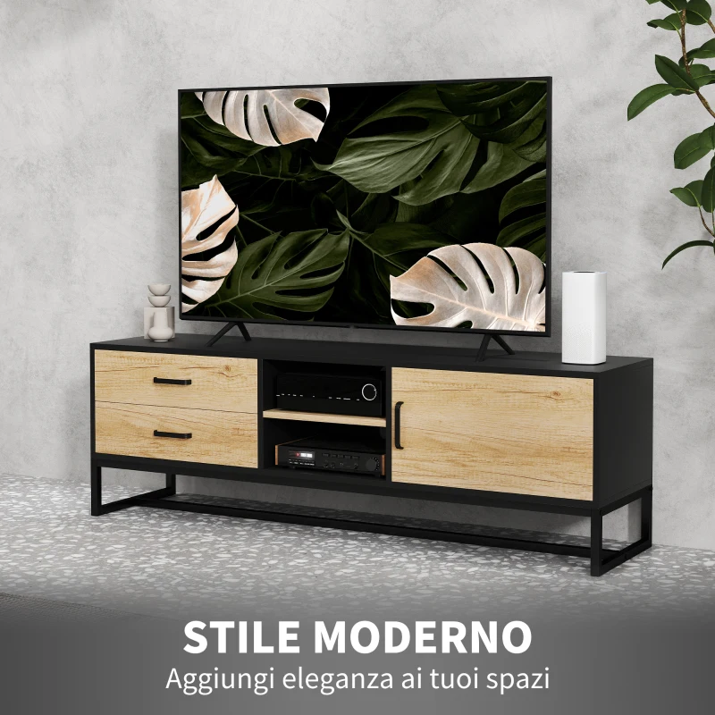 HOMCOM Mobile Porta TV 60" con Armadietto, 2 Cassetti e Ripiani Aperti, 140x35x45 cm, Legno Naturale