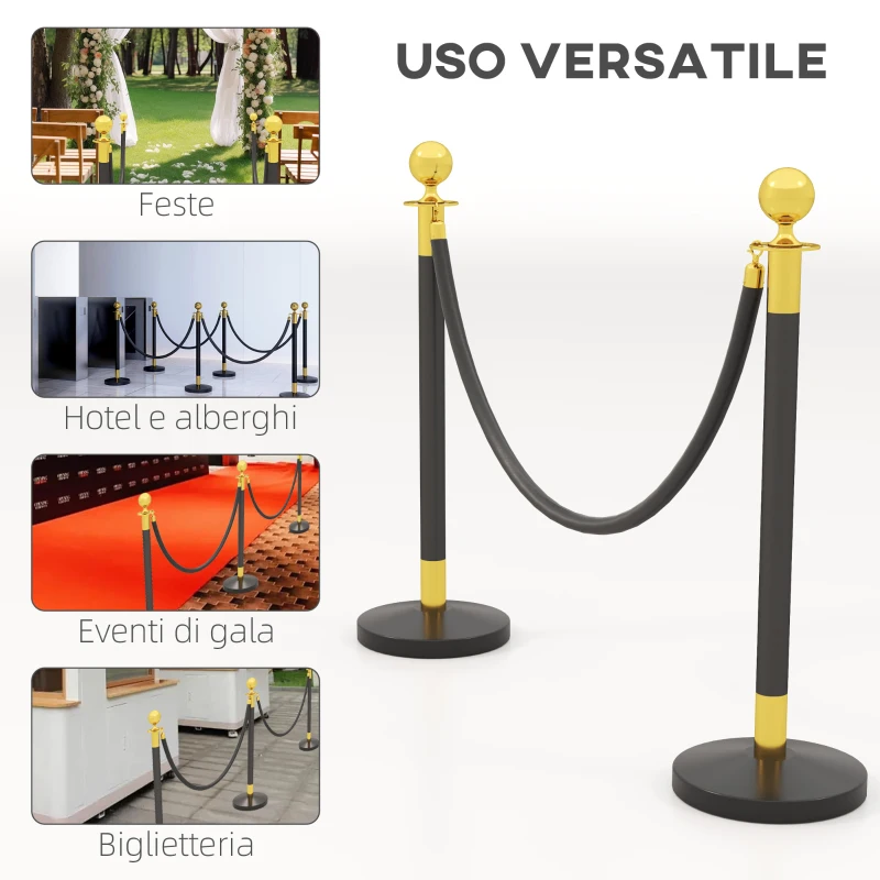 HOMCOM Colonnine Segnapercorso in Acciaio Inox con Corda Vellutata Nera di 1.5 m e Base Riempibile, Ø32x96 cm