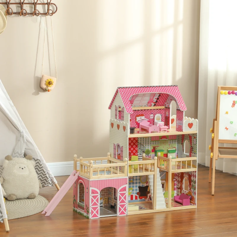 AIYAPLAY 3 Levels Dolls House Play Set with 13 Wooden Furniture Pieces and Accessories,
