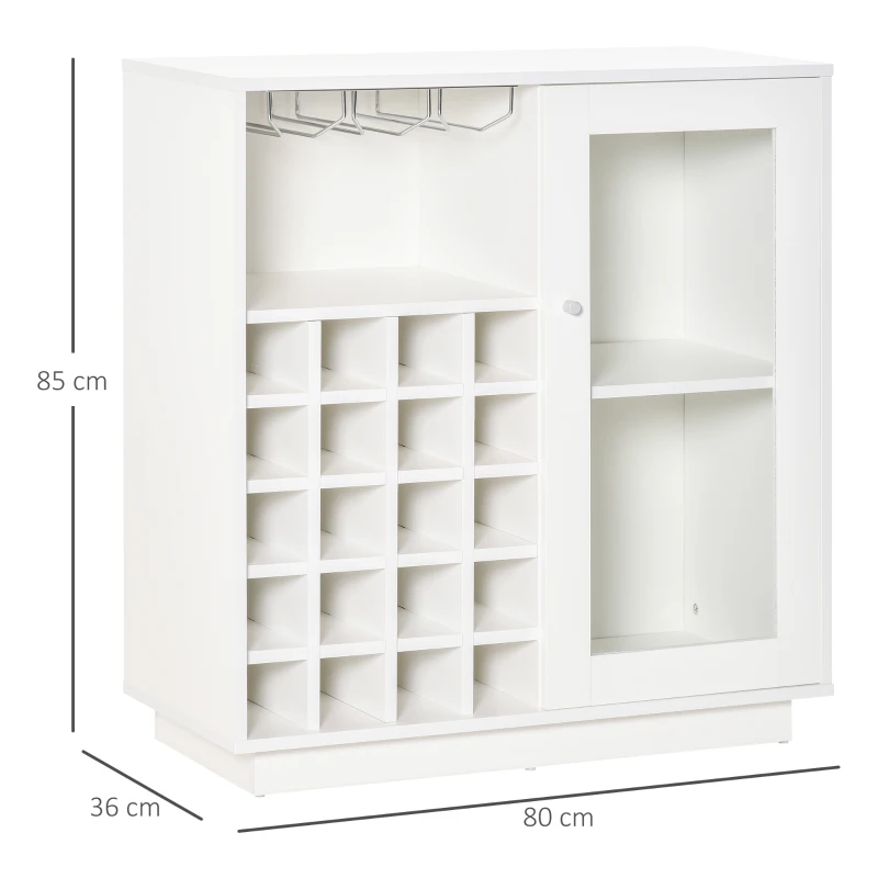 HOMCOM Weinschrank mit Gläserhalterung 20-Flaschen-Weinregal mit 3 Haken Flaschenständer mit Glastür Anti-Kipp-Design Spanplatte Hartholz Weiß 80 x 36 x 85 cm
