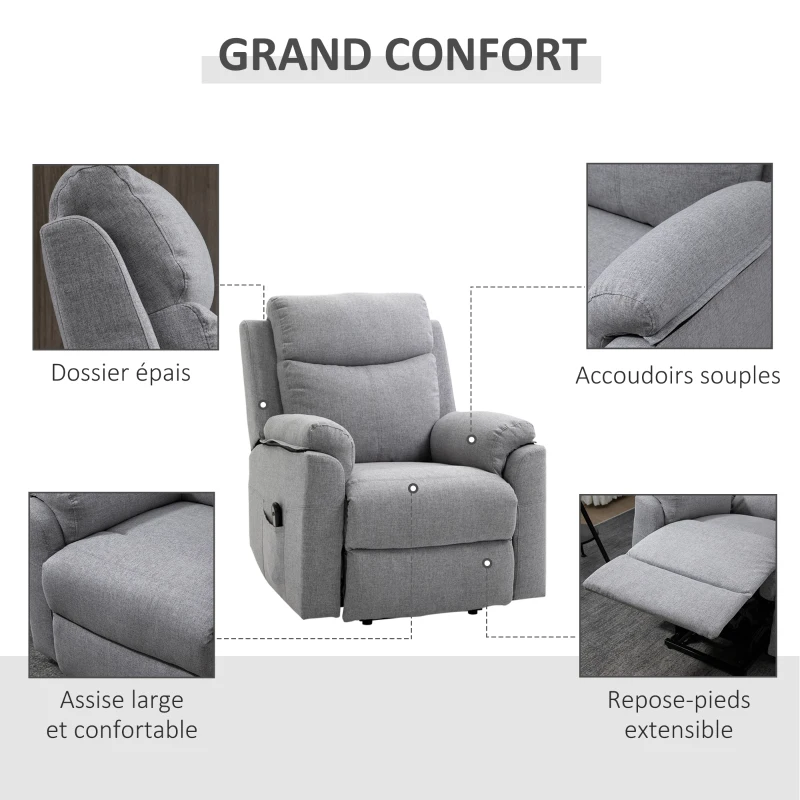 HOMCOM Fauteuil releveur électrique, fauteuil relax électrique avec repose-pied, dossier inclinable, télécommande et poche latérale charge 120kg tissu aspect lin gris clair(m-6)