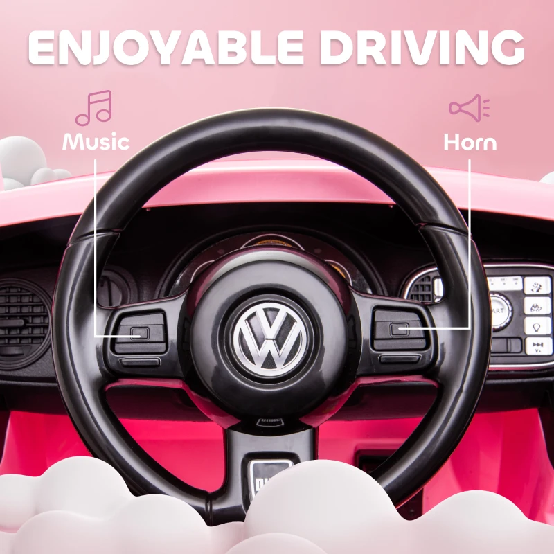 AIYAPLAY Coche Eléctrico para Niños de +3 Años Volkswagen Beetle con Batería 12V Mando a Distancia Faros Bocina y Música Rosa