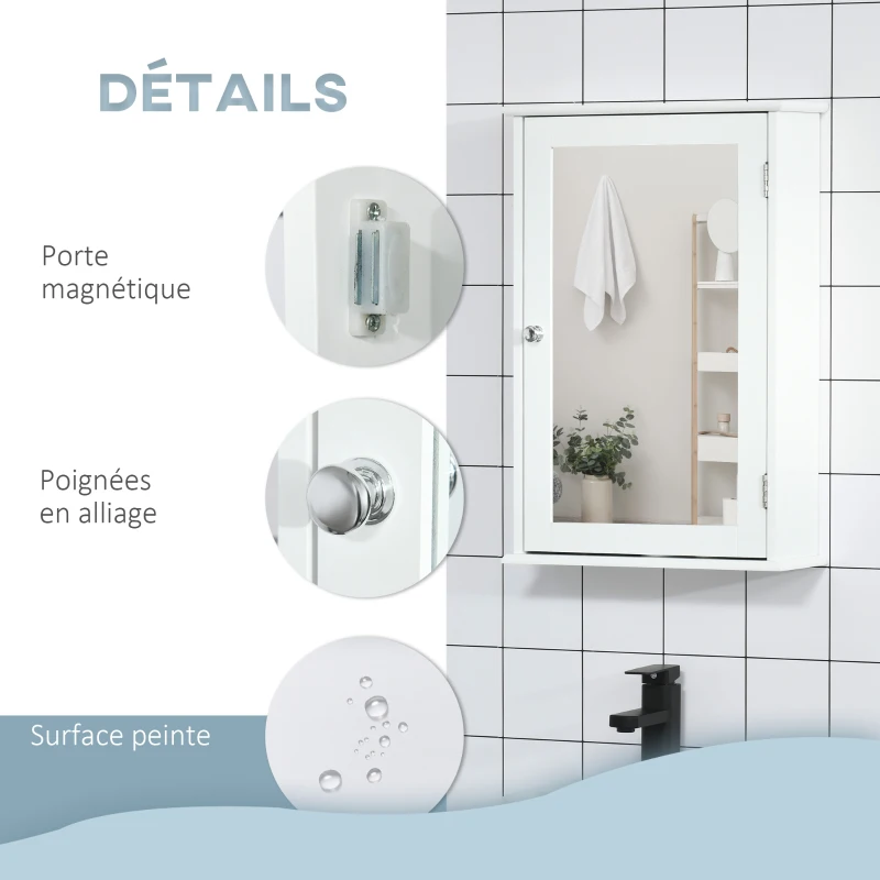 kleankin Armoire Murale de Salle de Bain avec Miroir - Armoire à Glace - Placard de Rangement Toilettes - 1 Porte, 2 étagères - Verre MDF Blanc