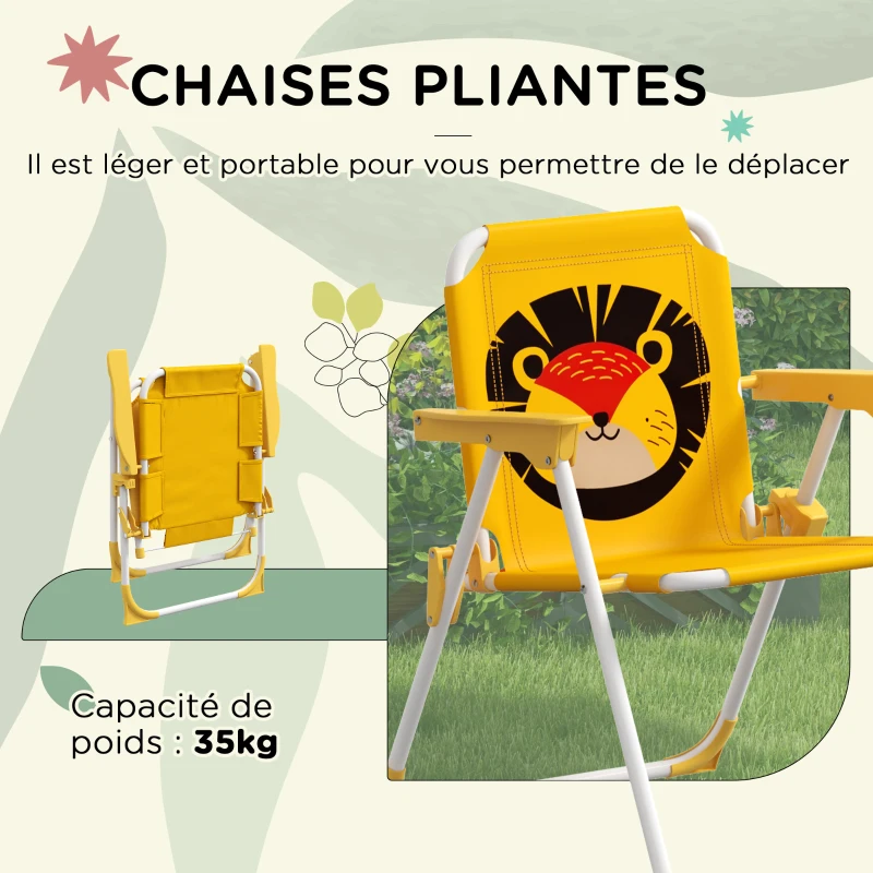 Outsunny Ensemble salon de jardin enfant 4 pièces motif du lion avec parasol réglable Ø 100 cm chaise pliable jaune