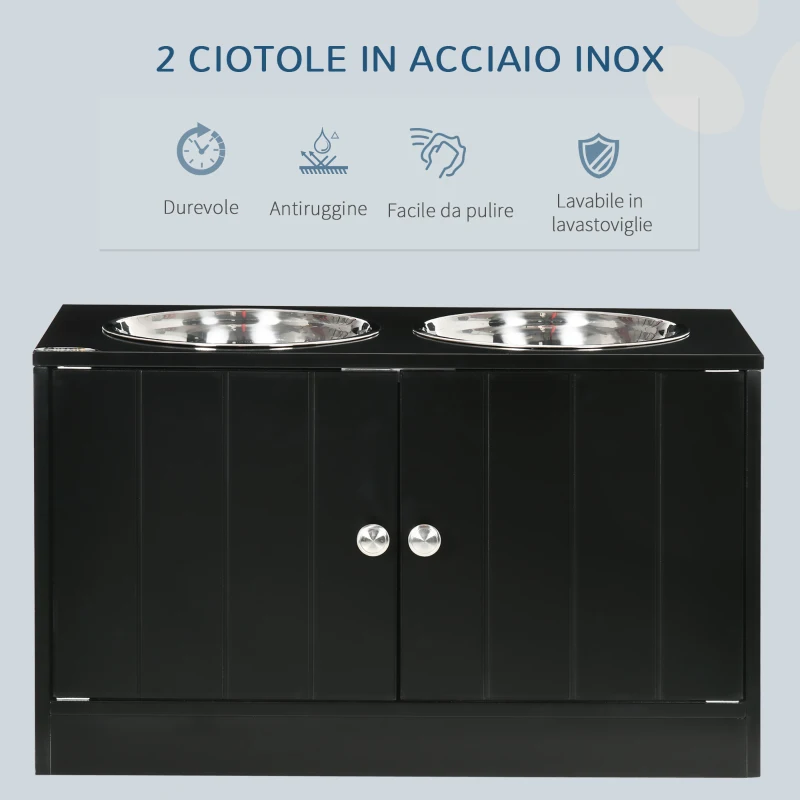 PawHut Ciotola per Cani Rialzata con Vano Contenitore, 2 Ciotole in Acciaio Inox Rimovibili, 60x30x35.5cm, Nero