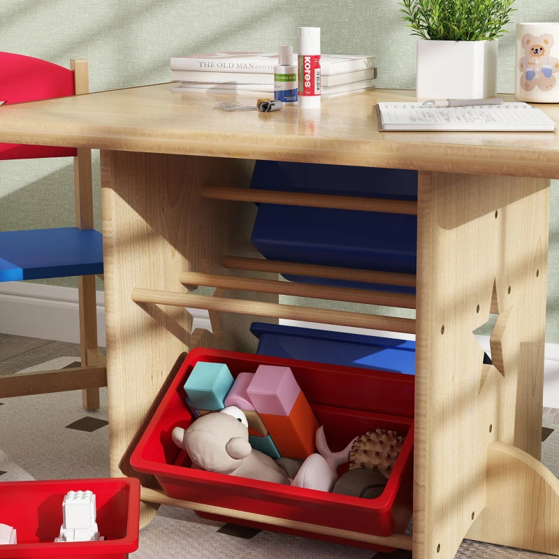 AIYAPLAY Set Tavolo e Sedie per Bambini 3-7 Anni con 2 Sedie e Tavolo con 4 Contenitori, in Legno e PP, color Legno