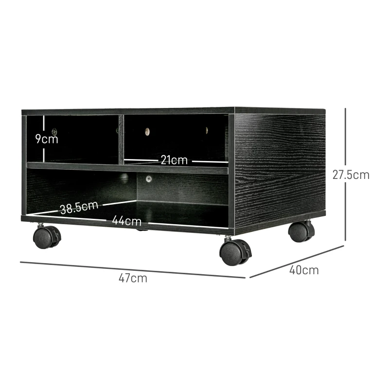 HOMCOM Mobile Porta Stampante a 2 Ripiani in Legno con Ruote per Ufficio e Studio, 47x40x22.5cm, Nero