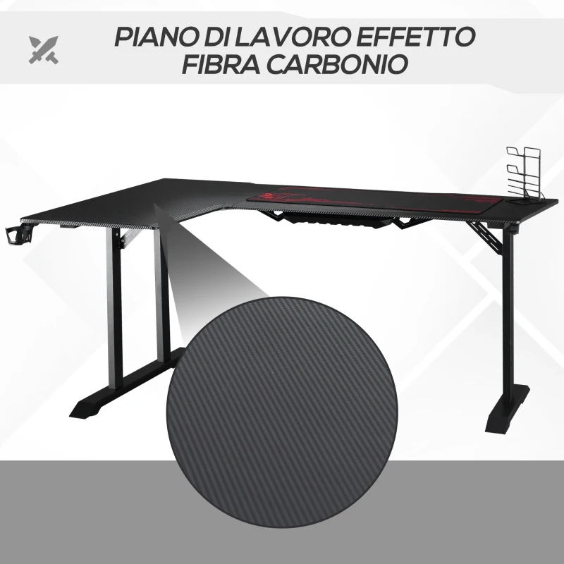 HOMCOM Scrivania Angolare per Gaming e Ufficio con Gancio per Cuffie e Porta Tazza, 168x109x78cm, Nero