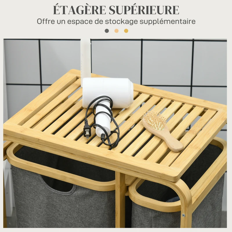 HOMCOM Panier à linge panier de rangement corbeille à linge bac linge sale en bambou 3 paniers - 49l x 33P x 70H cm gris