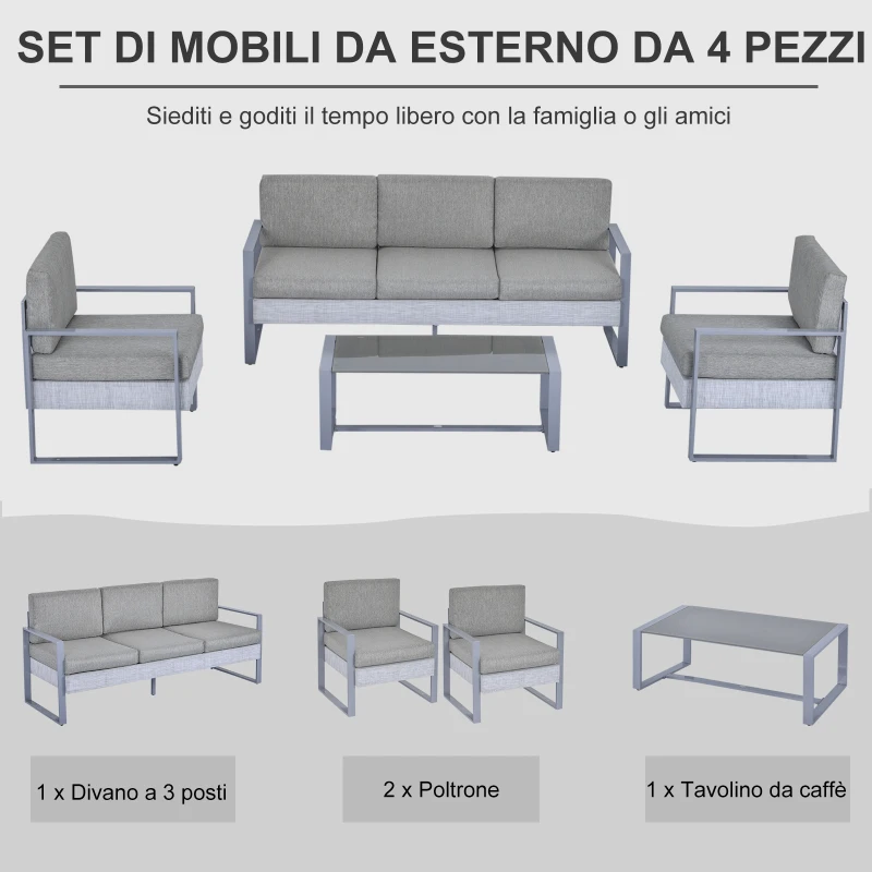 Outsunny Salotto da Giardino Set 4 Pezzi Mobile da Giardino con Tavolino, Divano 3 Posti, 2 Poltrone e Cuscini, Alluminio e Vetro Grigio
