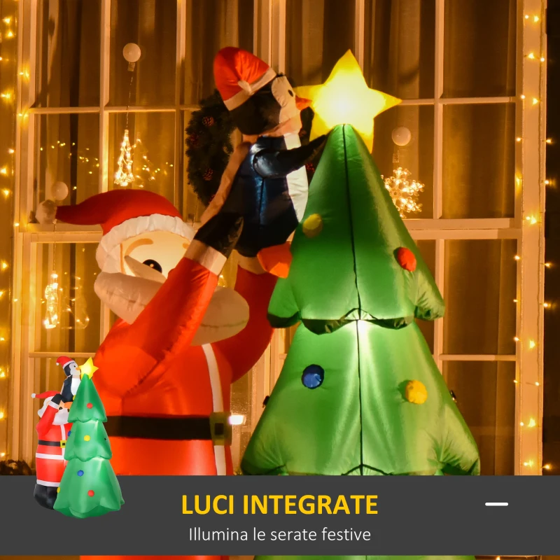HOMCOM Babbo Natale Gonfiabile con Albero e Pinguino, Altezza 180cm, Luci LED e Gonfiatore