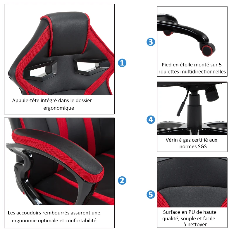 HOMCOM Chaise racing de bureau siège fauteuil sport gaming pivotant hauteur et dossier réglables accoudoirs rembourrés revêtement synthétique rouge et noir