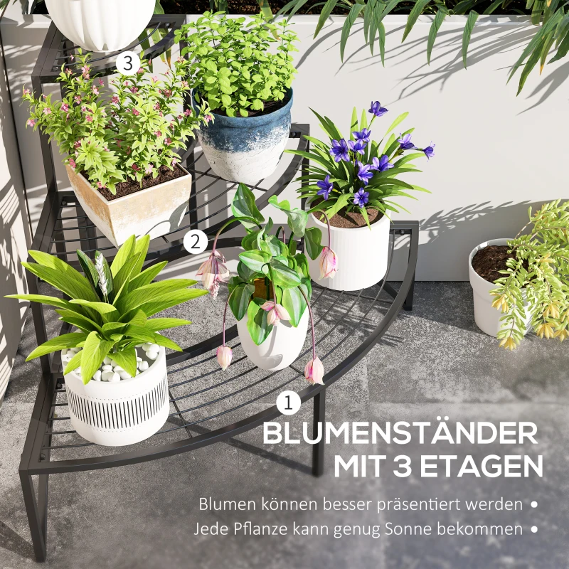 Outsunny Eckpflanzenständer, Blumenständer mit 3 Ebenen, Metall, für drinnen und draußen, Blumentopfständer, Schwarz