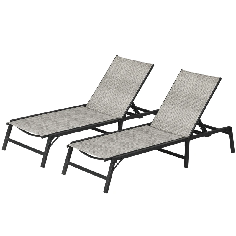 Outsunny Foldable Outdoor PE Rattan Sun Lounger Set of 2, Patio Wicker Recliners Lounge Chair w/ 5-Level Adjustable Backrest, for Poolside, Garden, Mixed Grey