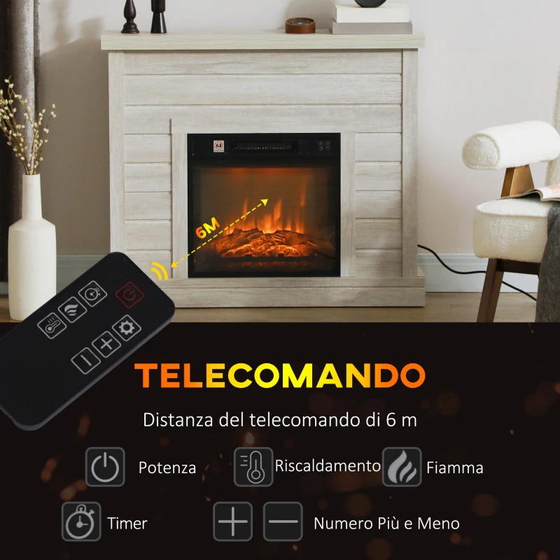 HOMCOM Camino Elettrico 1800W con Effetto Fiamma e Telecomando, in Legno, Metallo e Vetro, 96.5x22x81.7 cm, Grigio Chiaro