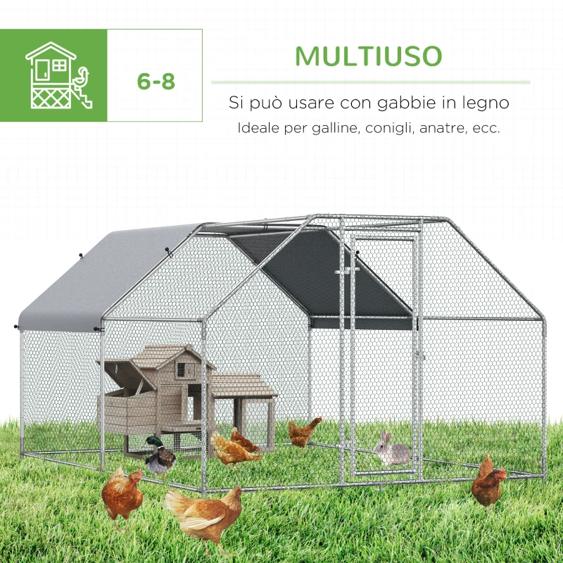 Pawhut Recinto Gabbia per Galline da Esterno in Metallo Galvanizzato, Pollaio per Galline Ovaiole da Esterno, Porta con Blocco e Sezione con Tessuto Oxford, 280x380x195 cm, Argento