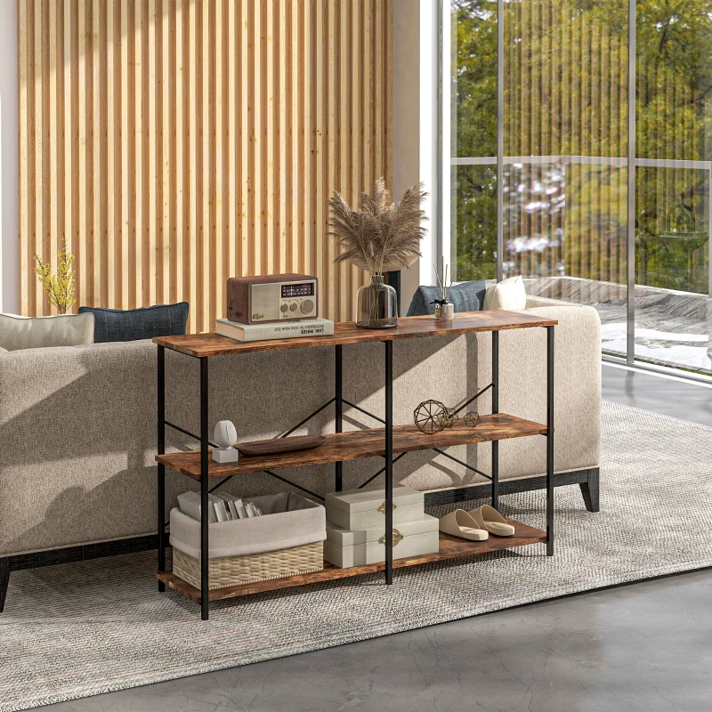 HOMCOM 3-Tier Industrial Style Shelf Metal Frame Smooth Shelves Adjustable Feet Home Office Display Storage Unit Sleek 76x120cm Brown