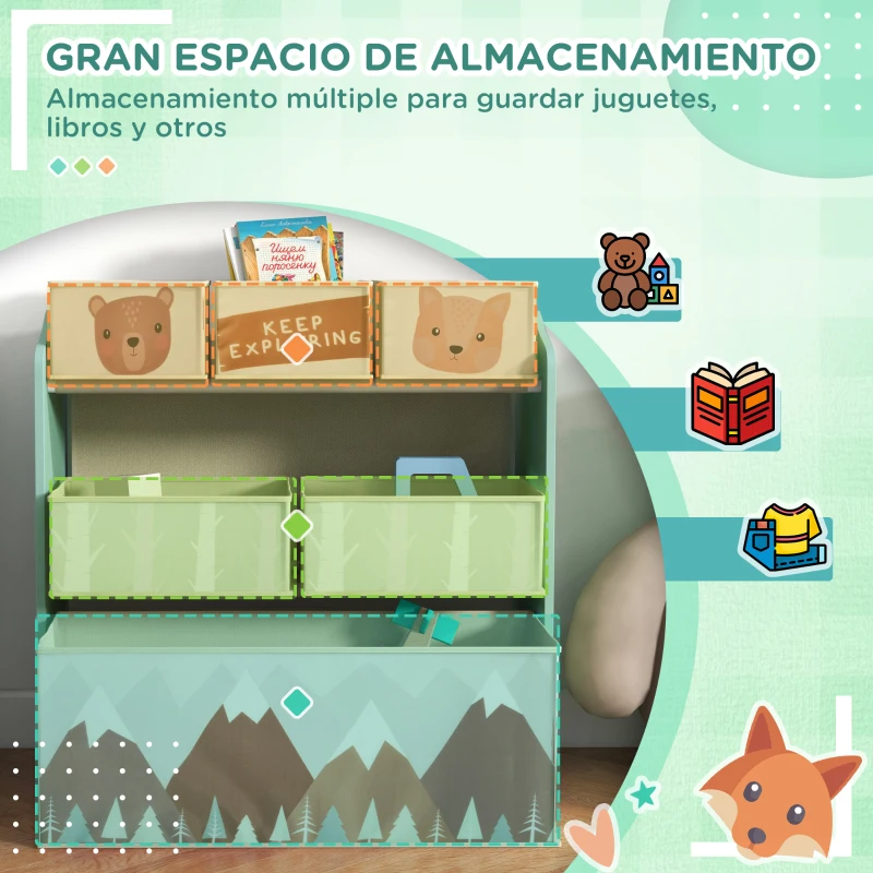 ZONEKIZ Organizador de Juguetes para Niños Estantería para Juguetes con 6 Cajas de Tela no Tejida Extraíbles 63x30x66 cm Verde