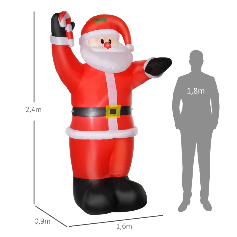 HOMCOM Papá Noel Hinchable 240 cm con Bastón Luces LED e Inflador Decoración Navideña para Exterior Interior Multicolor