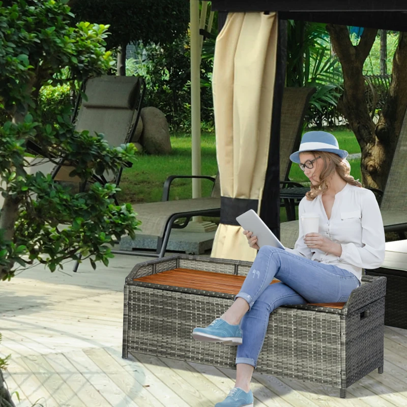 Outsunny Cassapanca da Esterno in Rattan Design 2 in 1, Baule da Esterno con Seduta in Legno, 121x50x50cm, Grigio