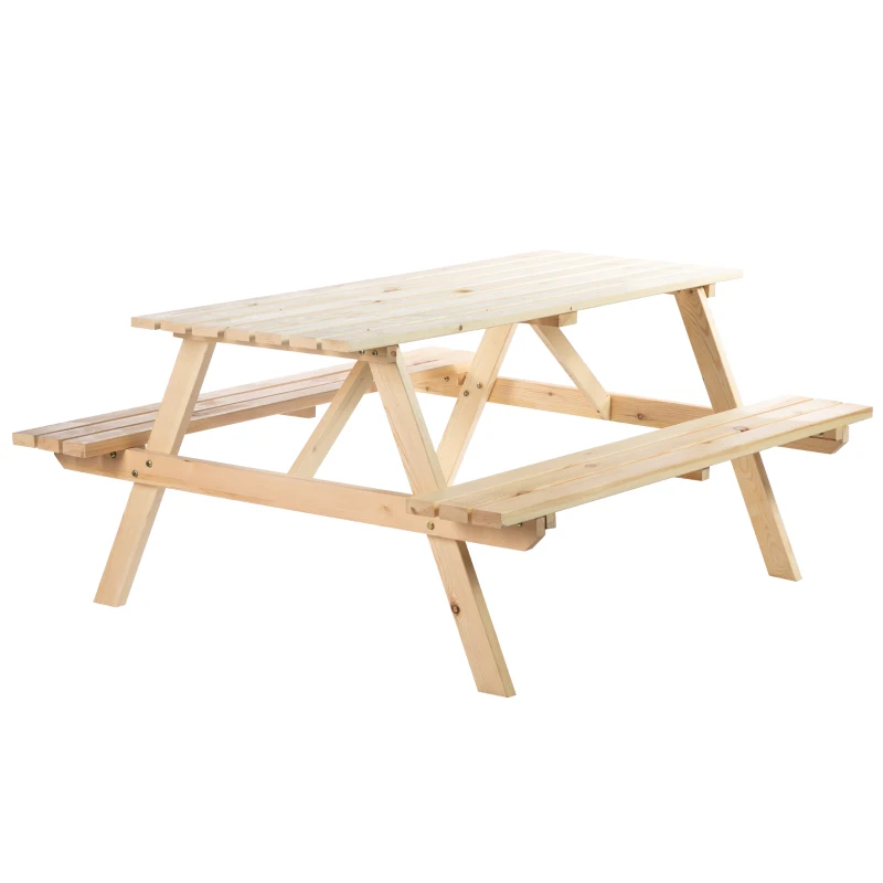 Outsunny 6 Seater Wooden Picnic Table Bench for Outdoor Garden or Patio with Parasol Cutout 150 cm Natural Wood Finish