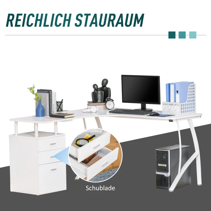 HOMCOM L-förmiger Schreibtisch mit Schubladen aus der Material MDF Metall Home-Office-Ecke Arbeitsplatz Industriestil, Weiß 152 x 143,5 x 76 cm