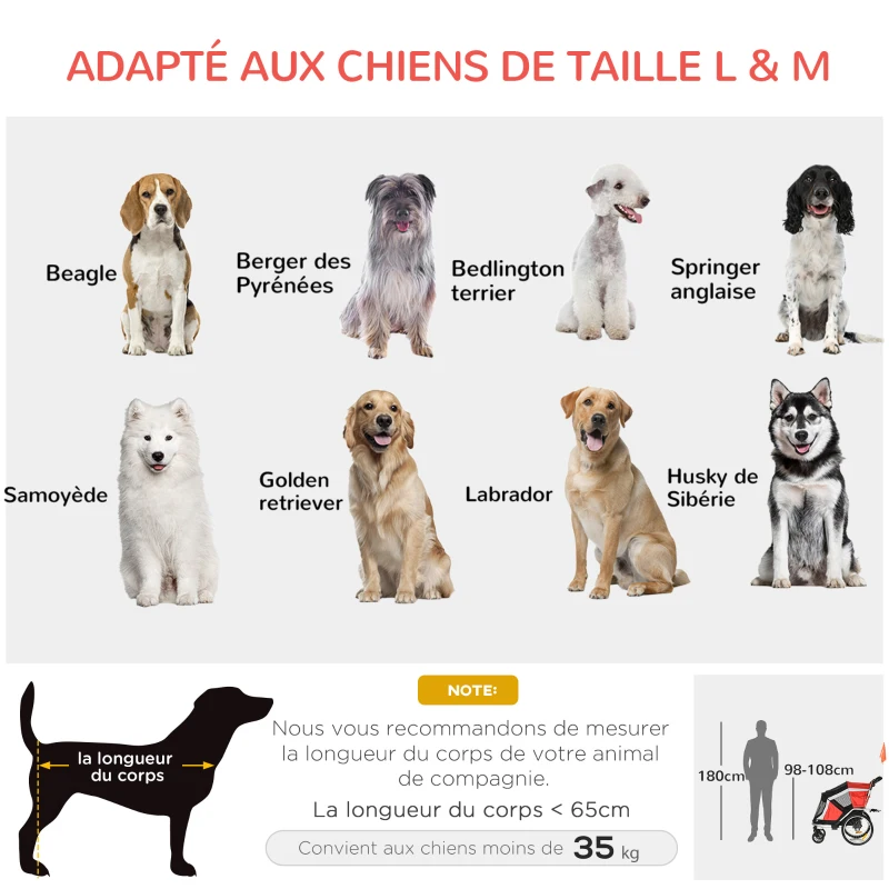 PawHut Remorque à vélo pour chien convertible jogger 2 en 1 pour animaux avec drapeau réflecteurs roues arrières gonflables aluminium