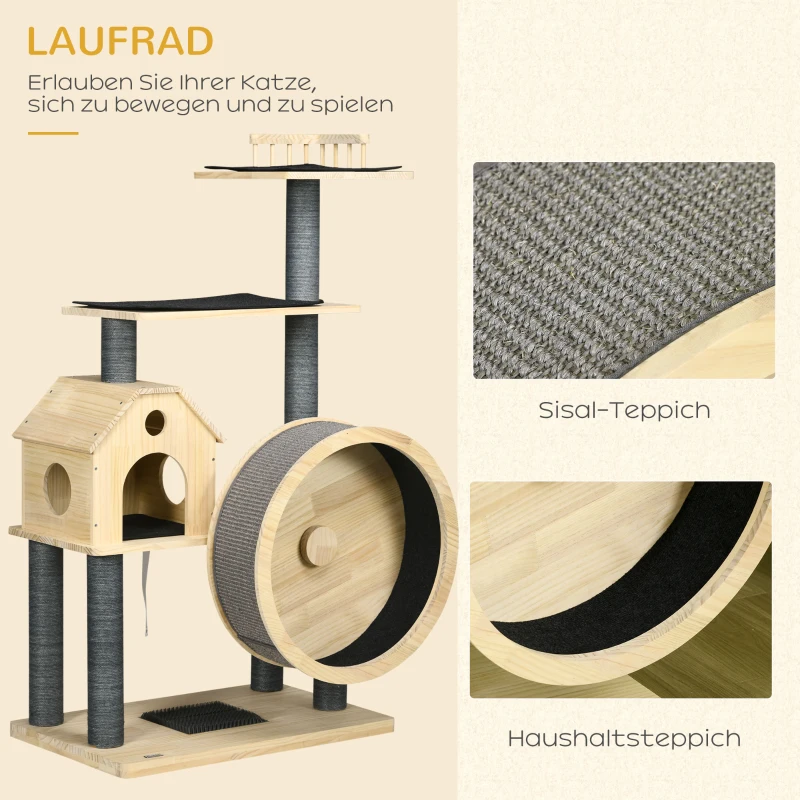 PawHut Katzenbaum mit Laufrad 4-Stock Kratzbaum Katzenhaus mit Sisalsäulen Katzenhöhle Kiefernholz Natur 80 x 50 x 143 cm