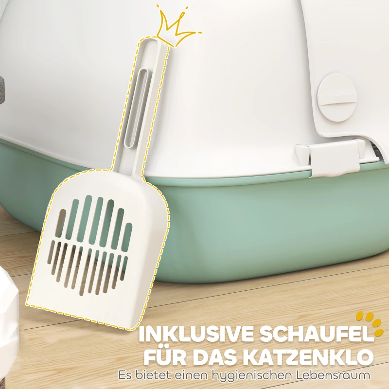 PawHut Katzentoilette mit Deckel, Katzenklo mit internem Kanal, Tür, Schaufel, leicht zu reinigen, Kunststoff, Grün