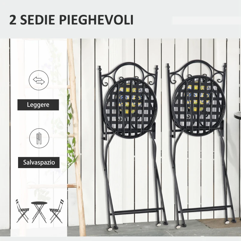 Outsunny Set Tavolo e Sedie da Balcone 3 Pezzi, Set da Giardino Pieghevoli in Metallo con Maioliche Colorate, Multicolore