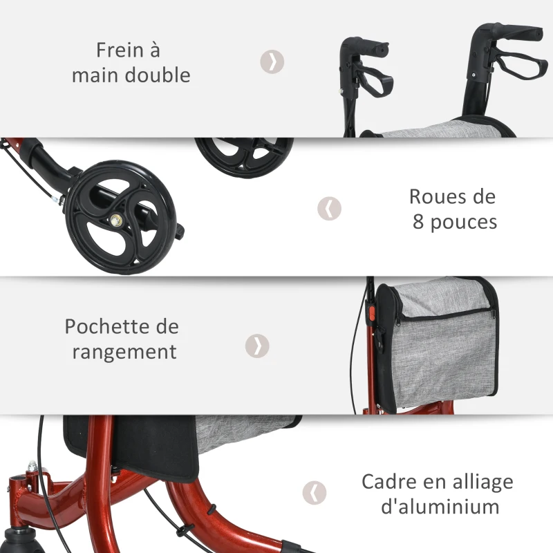 HOMCOM Déambulateur 3 roues pliable double frein hauteut réglable aluminium léger et résistant 68 x 68 x 99 cm rouge(m-5)