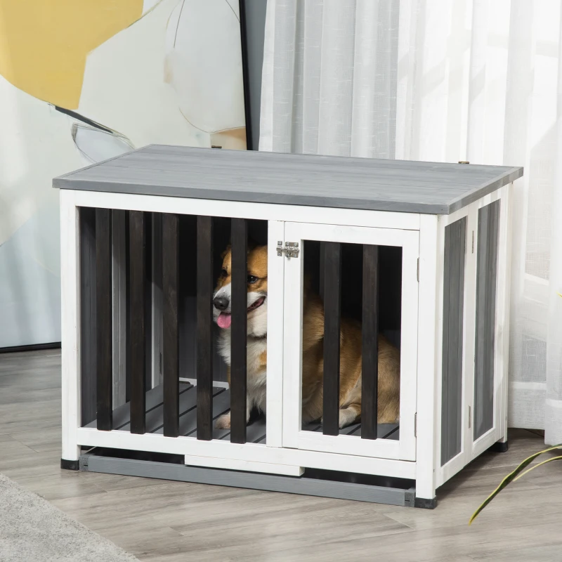 PawHut Jaula para Perros Plegable Mueble Perrera de Madera con Techo Abatible y Bandeja Extraíble 84,5x51,4x61 cm Gris