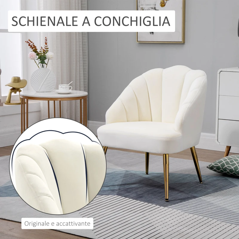 HOMCOM Poltrona in Velluto Imbottita con Schienale a Conchiglia e Gambe in Acciaio per Camera e Salotto, 63x65x84cm, Crema