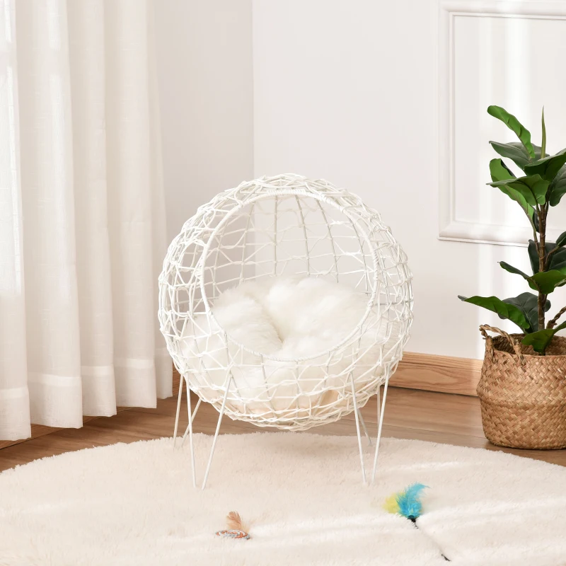 Pawhut Rattan Katzenkorb Katzenhöhle Katzenhütte Katzenbett mit Kissen erhöhtes Design Haustierbett Cremeweiß Ø45 x 57H cm