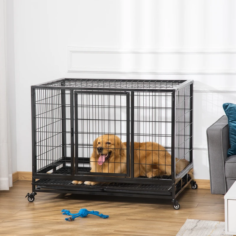PawHut Jaula de Metal para Perros 109x76x87 cm Perrera Metálico con Ruedas y Frenos Bandeja Extraíble y Puerta con Pestillo para Golden Retriver Labrador Negro