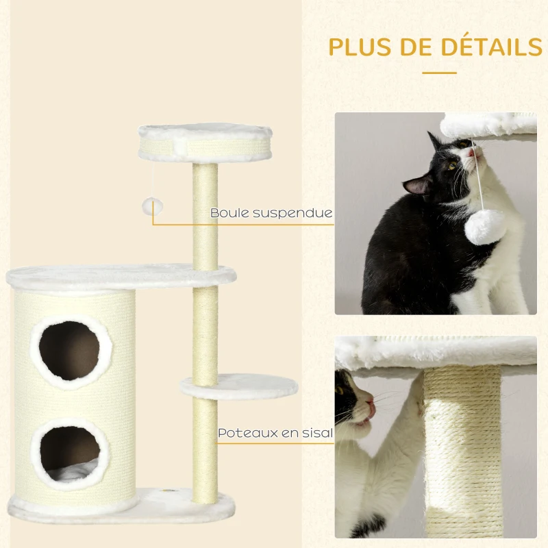 PawHut Arbre à chat 2 griffoirs sisal naturel niche cylindrique 2 plateformes pompon suspendu peluche blanc crème