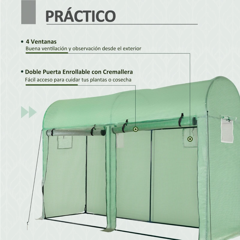 Outsunny Invernadero 300x100x200 cm Caseta de Jardín Invernadero con 4 Ventanas y 2 Puertas para Cultivos Plantas Flores de PE y Acero Verde