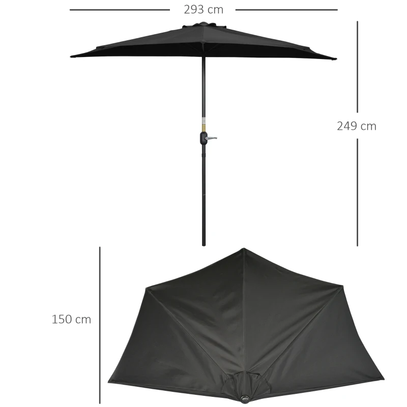 Outsunny 3(m) Half Parasol, Semi Round Umbrella with Metal Frame, Crank Handle for Balcony, Garden, Black