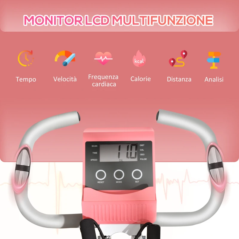 HOMCOM Cyclette Pieghevole 2 in 1, Resistenza Magnetica Regolabile 8 Livelli, Cyclette da Casa Silenziosa con Sensore di Frequenza Cardiaca, Elastici per Braccia, Schermo LCD, Volano 2.5kg, Rosa
