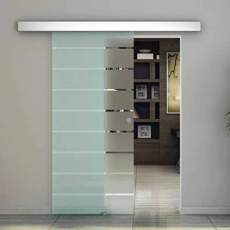 HOMCOM Porta Scorrevole Interna in Vetro Smerigliato e Satinato con Binario B1 e Maniglia per Bagno Cucina Studio Vetro 205x 90x 0,8cm