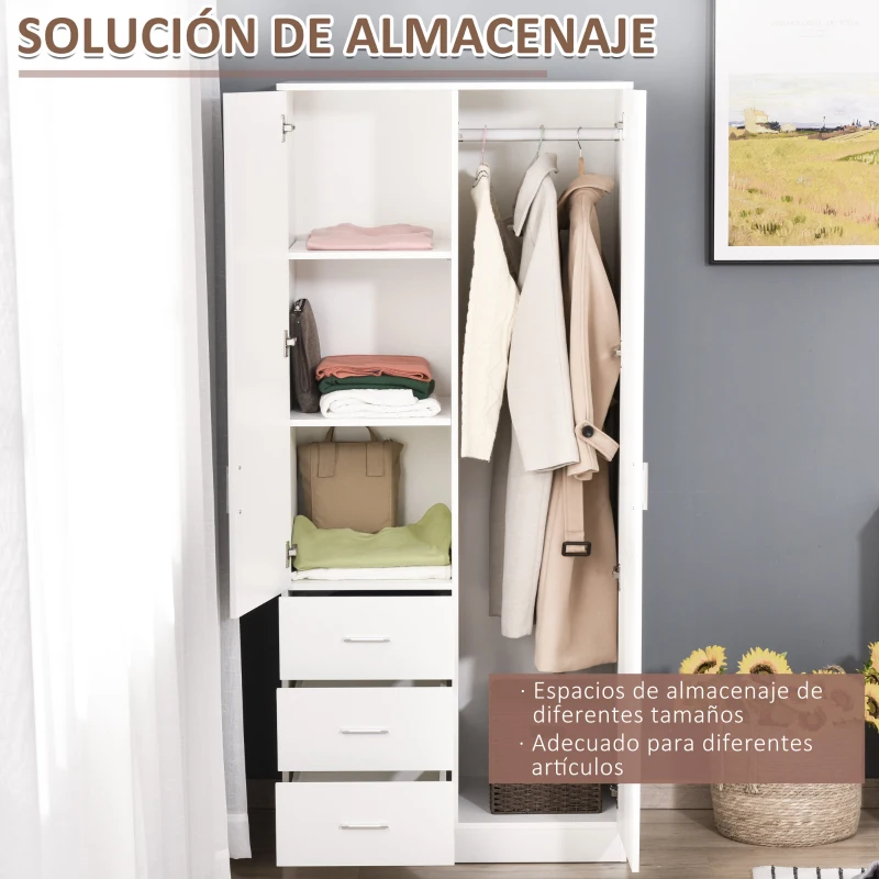 HOMCOM Armario Ropero de 2 Puertas con Espejo 3 Cajones Estantes Ajustables y Barra para Colgar Incluida 80x50x180 cm Blanco