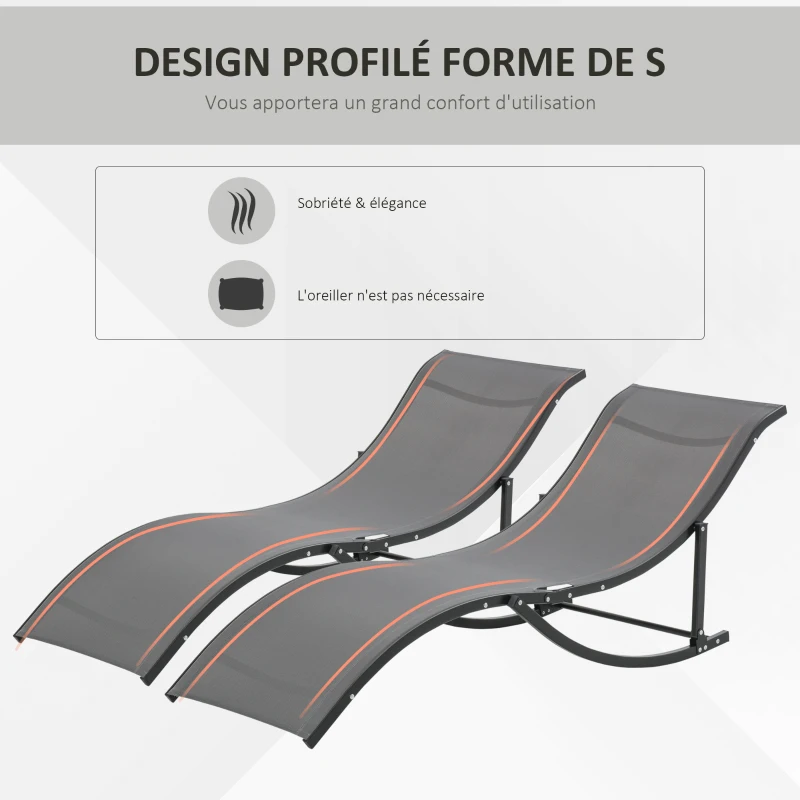 Outsunny Lot de 2 bains de soleil pliables, chaise longue jardin extérieur en aluminium et textilène, transat jardin extérieur pour patio terrasse plage, charge 120 Kg, anthracite