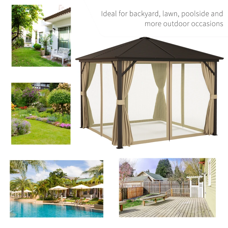 Outsunny 3 x 3(m) Metal Hardtop Gazebo, with Curtains and Accessories - Brown