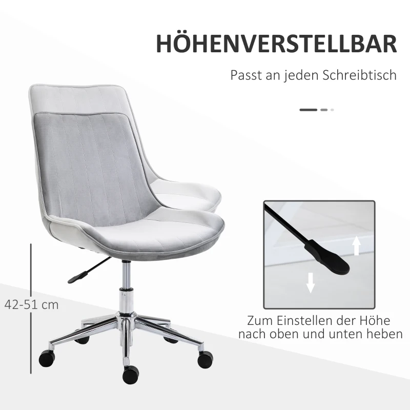 HOMCOM Bürostuhl Schreibtischstuhl Drehstuhl drehbar Höhenverstellbar 360°, Samtstoff, Grau, 52,5 x 60 x 82-91 cm
