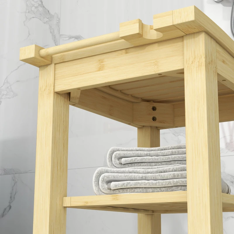 HOMCOM Tabouret banc de douche en bambou avec étagère de rangement, porte-serviettes dim. 42L x 29l x 43H cm, naturel