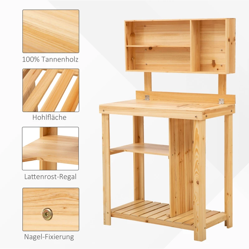 Outsunny Pflanztisch Gartenarbeitstisch für Garten Balkon und Terrasse, Gartentisch mit Ablage, Blumenregal Blumenständer aus Tannenholz, 80 x 43 x 136,5 cm, Natur