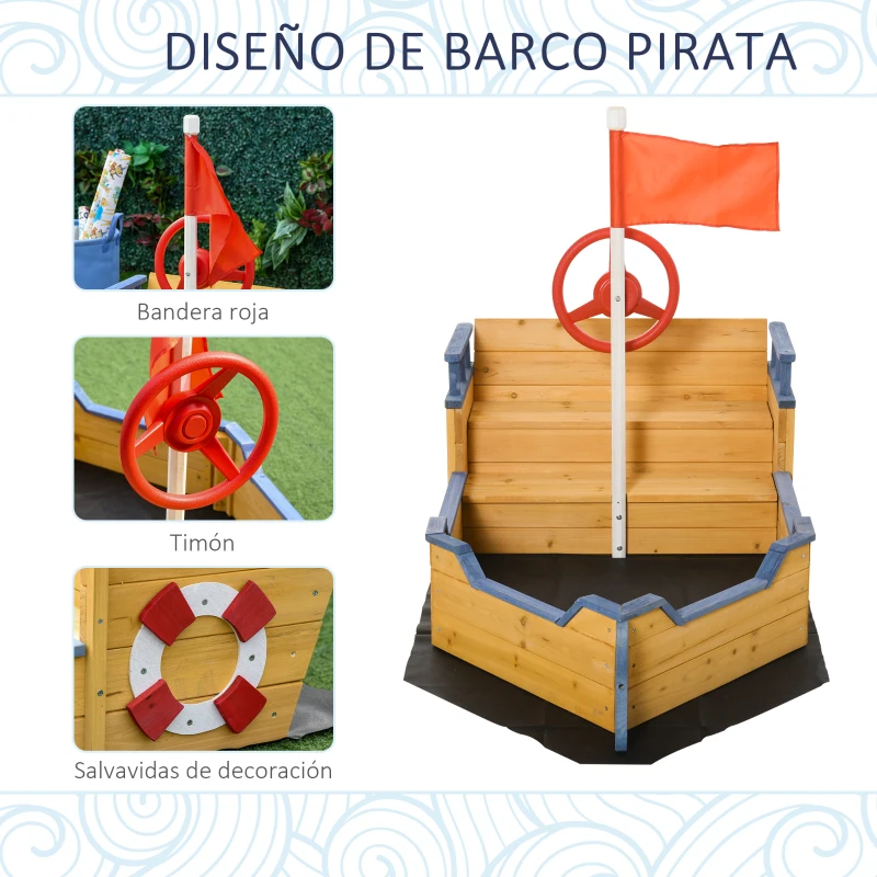 Outsunny Arenero Infantil de Madera Diseño de Galeón con 2 Escalones Banco con Almacenaje Bandera y Timón Cajón de Arena