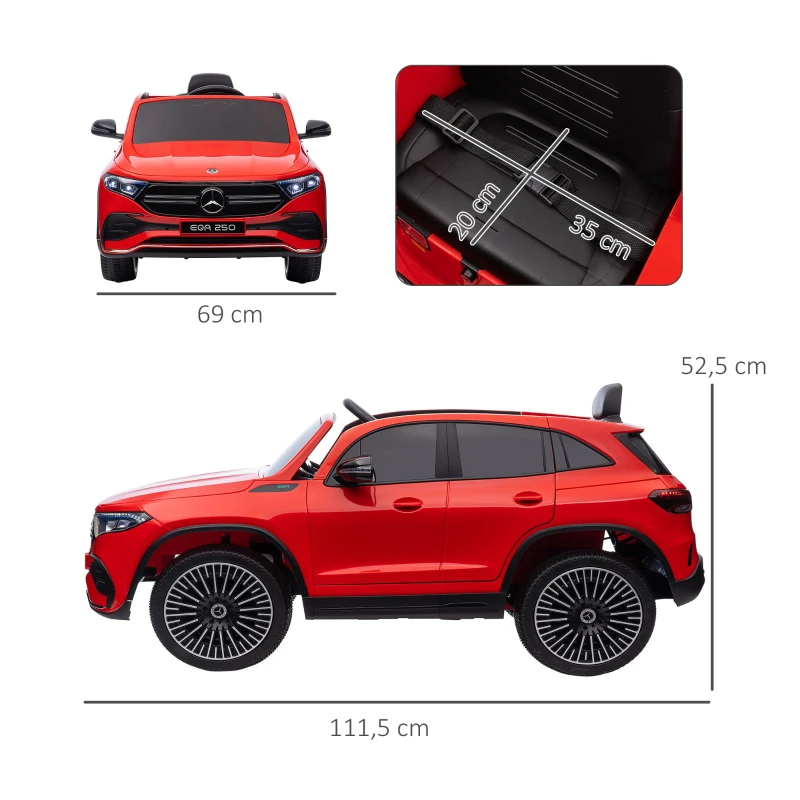 HOMCOM Coche Eléctrico para Niños Mercedes-Benz EQA 12V Control Remoto Música Bocina Velocidad 3-8 km/h 111,5x69x52,5 cm Rojo