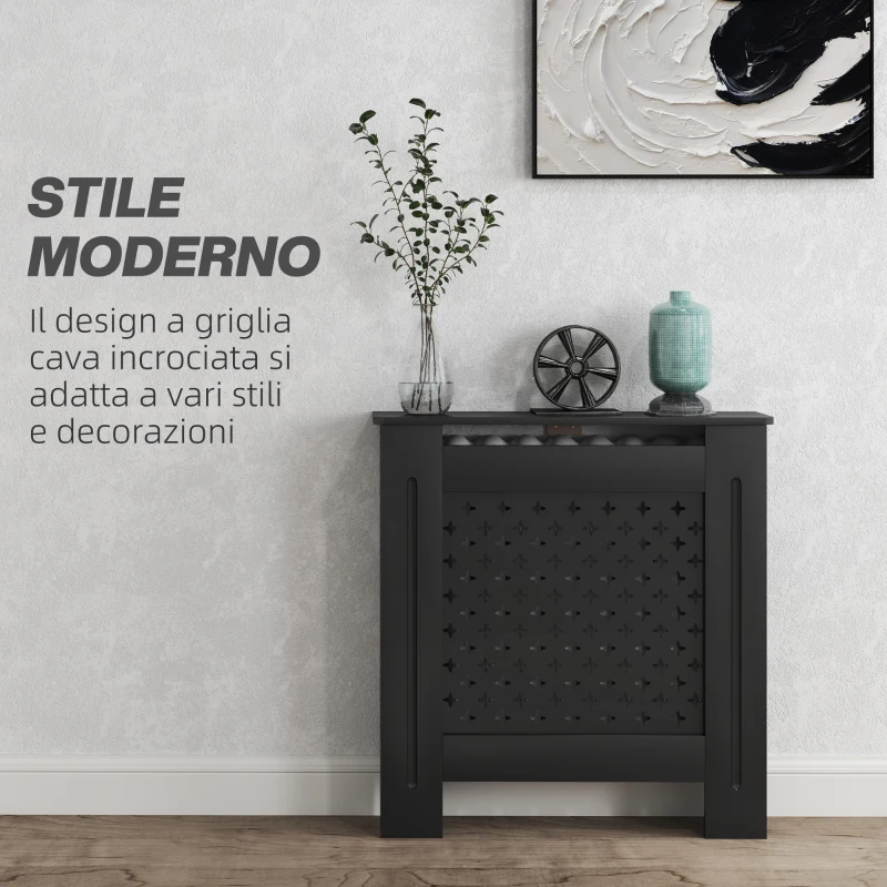 HOMCOM Copritermosifoni in Legno MDF Traforato a Croce con Ripiano e Fissaggio a Muro, 78x19x82 cm, Nero